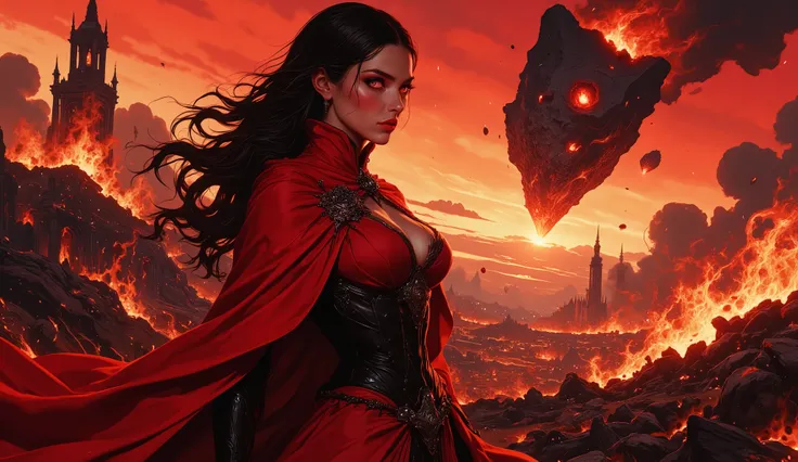 Digital art, fantasy painting, surrealism, (masterpiece), (Super detailed), UHD, 8k.
Featuring a powerfull Gipsy sorceress invoking a meteorite (giant rock in flammes).
Red outfit, intricate details, skirt, cape, corset, long dark hair, beautiful eyes, red...