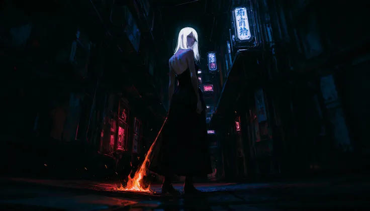 (futuristic alley in Tokyo, night, cyberpunk:1.3), (woman engulfed in flames:1.3), glowing fire hair, burning dress, silhouette of a burning woman, sparks and embers around, neon reflections, smoke and fire particles in the air, digital rain,

(96yottea:1....