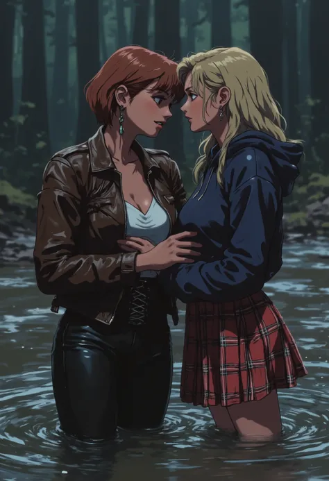 minimalistic, 1980s style film photo, (1 woman, mid-aged, with bags under eyes, copper-brunette short haircut, in a faded leather jacket and faded ugly tight flared biker leather pants with laces) and (1 girl, 20 years old, long blond hair, college hoodie...