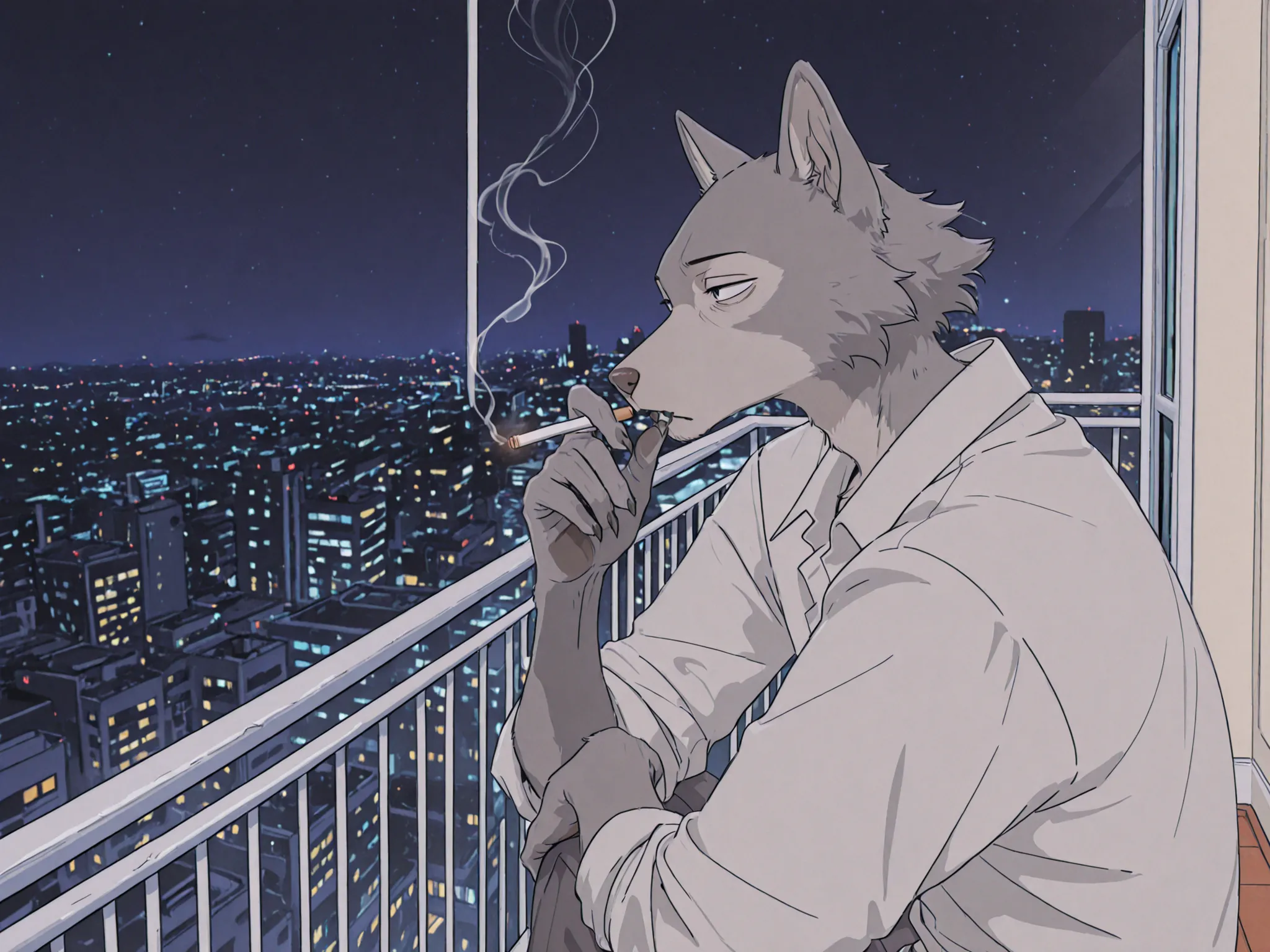 night city, Balcony, anthro, guy,  grey fur, cigarette, 