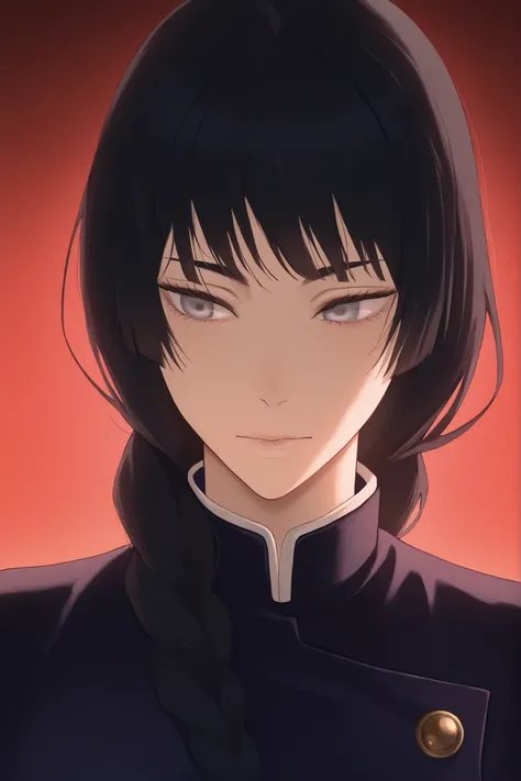 1girl, solo, jujutsu_kaisen_style, long hair, black hair, braid hair, single braid, ,a GIRL (teen) with long black hair with bangs (long hair), silver eyes (red), beautiful, cute, jujutsu kaisen uniform, artwork,close face shot, looking to viewmer,  front ...
