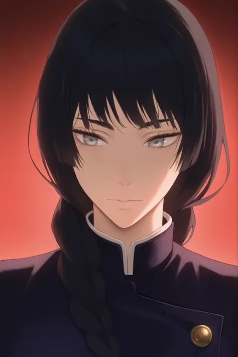 1girl, solo, jujutsu_kaisen_style, long hair, black hair, braid hair, single braid, ,a GIRL (teen) with long black hair with bangs (long hair), silver eyes (red), beautiful, cute, jujutsu kaisen uniform, artwork,close face shot, looking to viewmer,  front ...