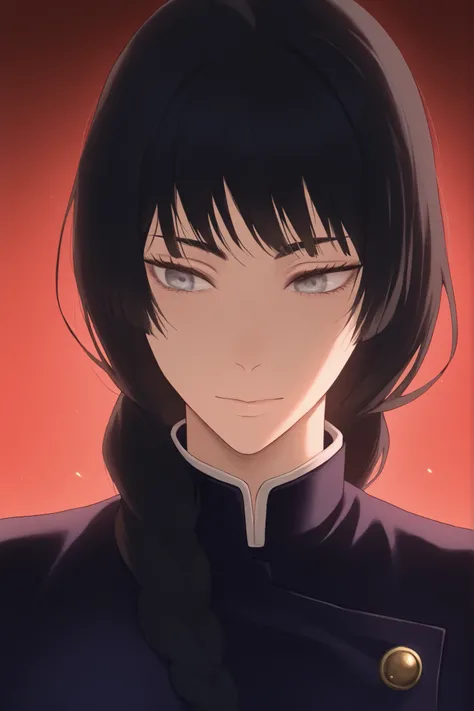 1girl, solo, jujutsu_kaisen_style, long hair, black hair, braid hair, single braid, ,a GIRL (teen) with long black hair with bangs (long hair), silver eyes (red), beautiful, cute, jujutsu kaisen uniform, artwork,close face shot, looking to viewmer,  front ...