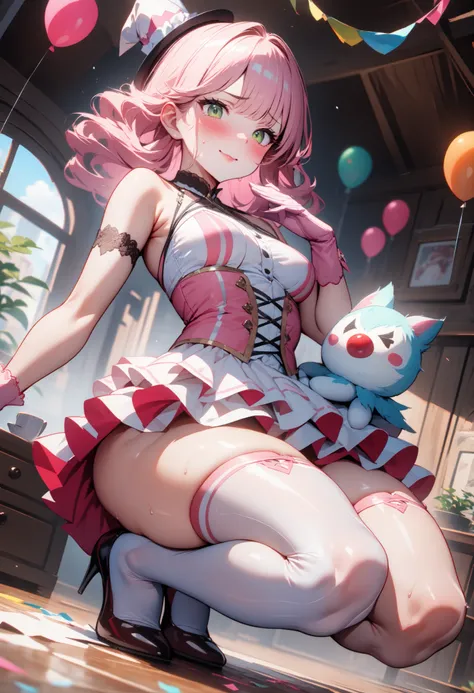 masterpiece, Milf, An adult clown with a curvaceous and attractive figure, small breasts, caderas anchas, Lush thighs, detailed anime-style air balloons, with light pink curly hair and bangs. Pina red lips,  She has flushed cheeks , a small red clown nose,...