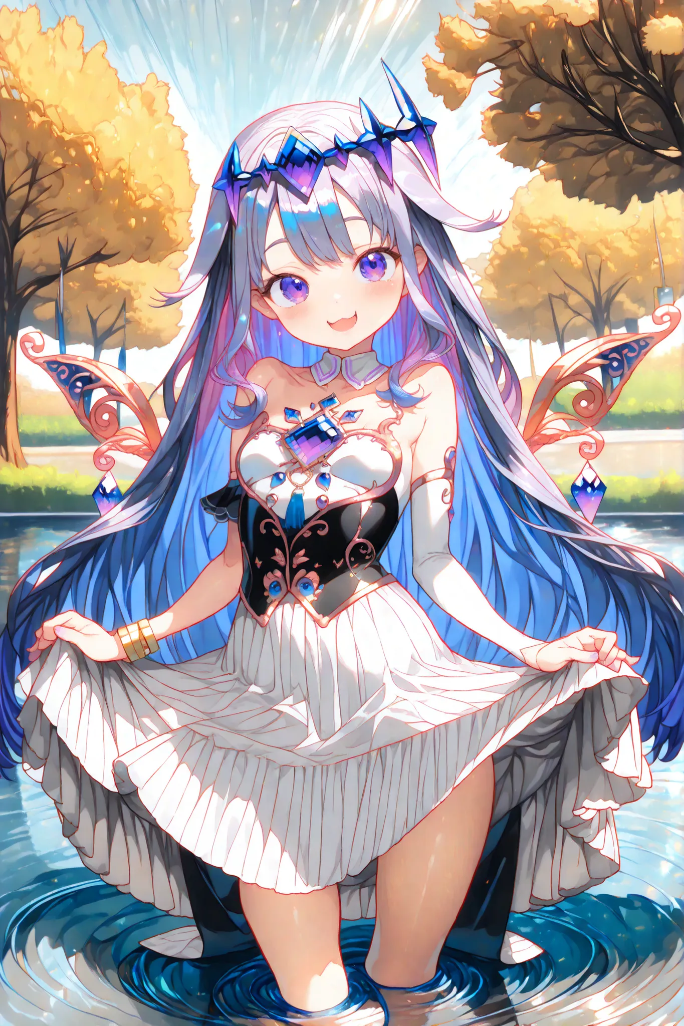 ((Koseki Bijou)), ((Masterpiece)), ((best quality, amazing quality)), ((very aesthetic, absurdres, newest, detailed background)), (8K), ((1girl)), cute young girl, (Healthy Gaunt body, Textured skin, small breast, tilt head), (pale purple eyes, gradient ey...