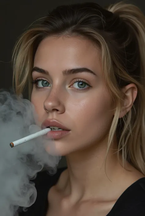 The model is a woman, 24 years, long wavy Brown ponytail, close-up, cigarette in mouth, smoke 