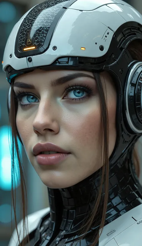 A woman with her eyes open with futuristic  headgear 