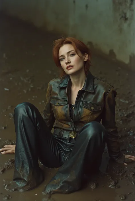 vintage film photo, (1 woman submissive, mid-aged, with bags under eyes and wrinkles, old-fashioned, copper-brunette short haircut, in a faded oiled wet leather biker jacket and faded ugly mud-covered tight flared biker leather pants ,Sitting back on one'...