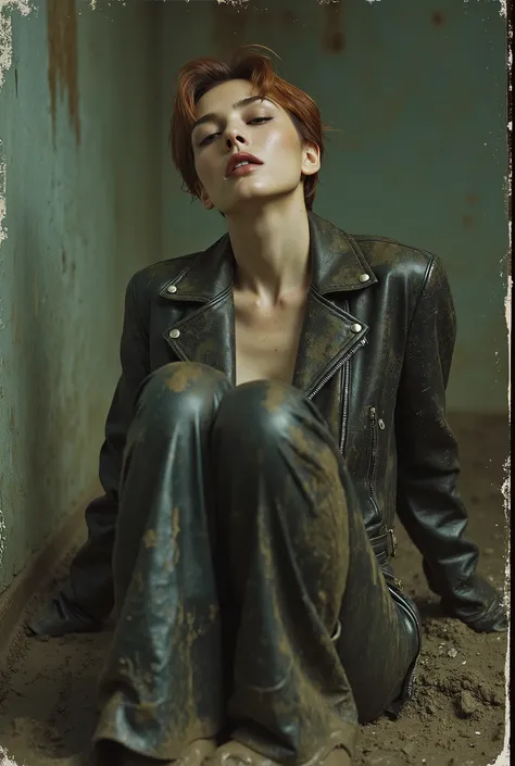 vintage film photo, (1 woman submissive, mid-aged, with bags under eyes and wrinkles, old-fashioned, copper-brunette short haircut, in a faded oiled wet leather biker jacket and faded ugly mud-covered tight flared biker leather pants ,Sitting back on one'...