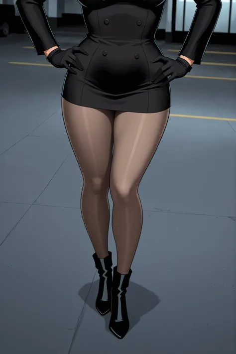 masterpiece, best quality, very aesthetic, absurdres, realistic, DCAUstyle, solo, from above, lower body, athletic, foot focus, MercyGraves, .mercy_character, legs, beige pantyhose, black ankle boots, high heels, standing, legs together, long sleeves, shor...