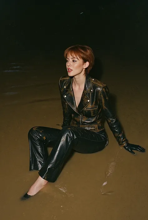 vintage film photo, (1 woman submissive, mid-aged, with bags under eyes and wrinkles, old-fashioned, copper-brunette short haircut, in a faded oiled wet leather biker jacket and faded ugly mud-covered tight flared biker leather pants, heels, gloves ,Sitti...