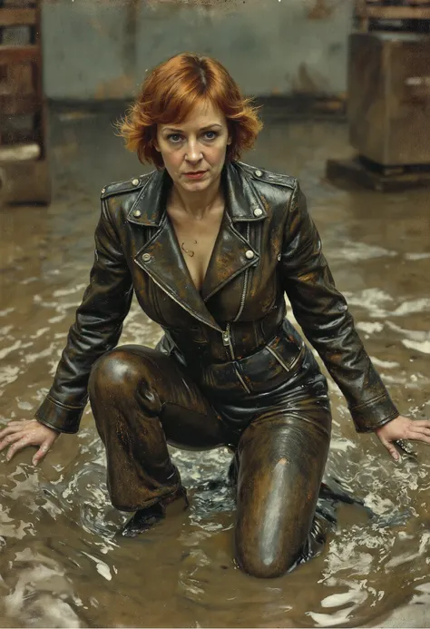 vintage film photo, (1 woman submissive, mid-aged, with bags under eyes and wrinkles, old-fashioned, copper-brunette short haircut, in a faded oiled wet leather biker jacket and faded ugly mud-covered tight flared biker leather pants, heels ,Sitting back ...