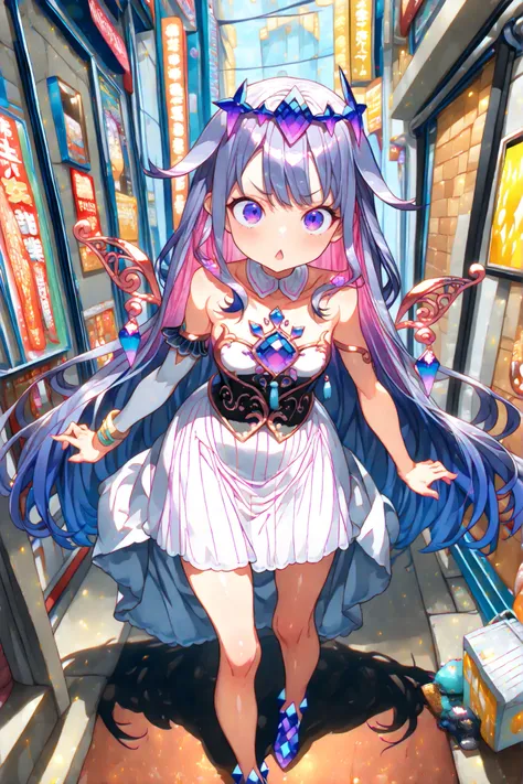 ((Koseki Bijou)), ((Masterpiece)), ((best quality, amazing quality)), ((very aesthetic, absurdres, newest, detailed background)), (8K), ((1girl)), cute young girl, (Healthy Gaunt body, Textured skin, small breast, tilt head), (pale purple eyes, gradient ey...