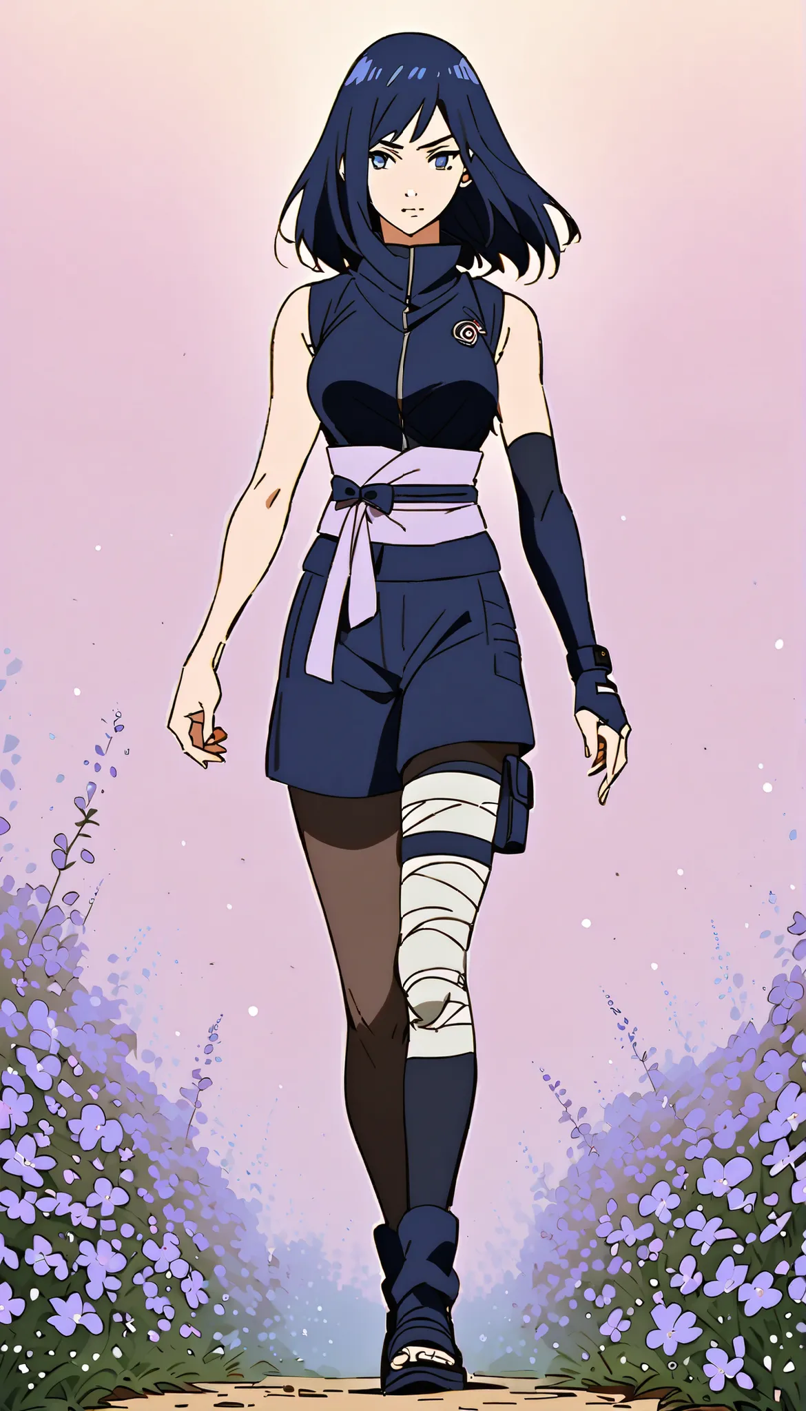 A female anime woman walking confidently through a dreamy twilight field filled with violet flowers. The art style should closely match that of Naruto or similar shounen anime, with clean linework and soft shading. She has medium-length hair styled in a lo...