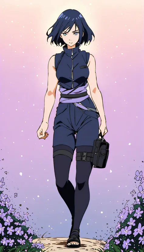 (((IZUMI NASE)))) walking confidently through a dreamy twilight field filled with violet flowers. The art style should closely match that of Naruto or similar shounen anime, with clean linework and soft shading. She has SHORT  hair, and the hair color is a...
