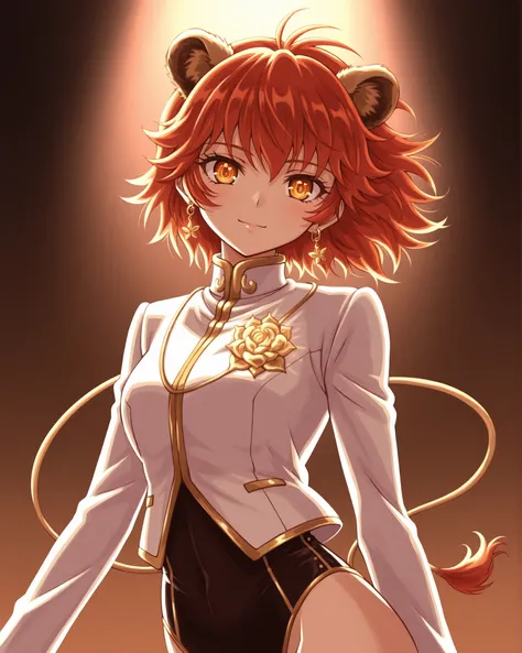 dsleotard,leotard,regal kemonomimi anime girl, lion ears with gold jewelry, long flowing caramel hair, piercing amber eyes, elegant blazer with metallic trim, high collar, stoic expression, rich lighting, white royal background, refined shojo style, majest...