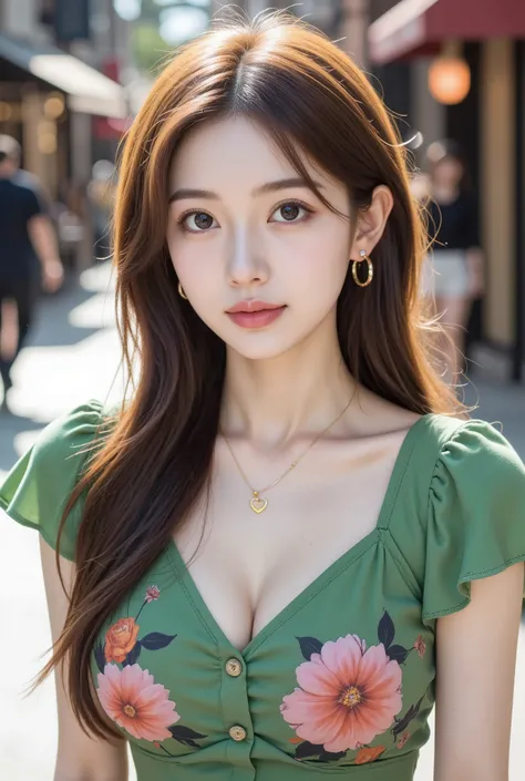 Hyper realistic portrait of a young woman with fair skin and large, expressive blue eyes. Her long, wavy strawberry-blonde hair is styled with a side part and falls over her shoulders. She is wearing a green dress adorned with vibrant floral patterns in sh...