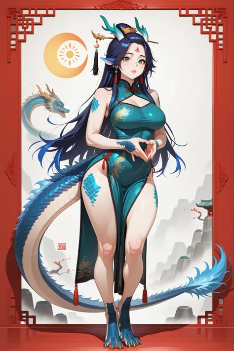 Girl is Azure dragon Lúng,she is hybrid of Eastern dragon. She has a sporty feminine bodybuilding. She has a pale skin covered with  navy blue and azure scales with Nazar pattern. She has red fire stripes tattoos on her face , and all over her body. Her li...