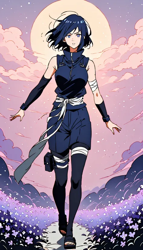(((IZUMI NASE)))) walking confidently through a dreamy twilight field filled with violet flowers. The art style should closely match that of Naruto or similar shounen anime, with clean linework and soft shading. She has SHORT  hair, and the hair color is a...