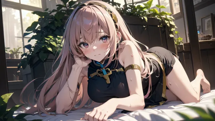 (masterpiece,Best Composition,Depressed Illumination,top quality,Super Detailed),best shadows,Rim lighting,perfect composition,(solo,Megurine Luka:1.5),glamorous body,pink long Hair,beautiful big eyes,look at here,shy,(Blushing,Sweating:1.3),big breasts,br...