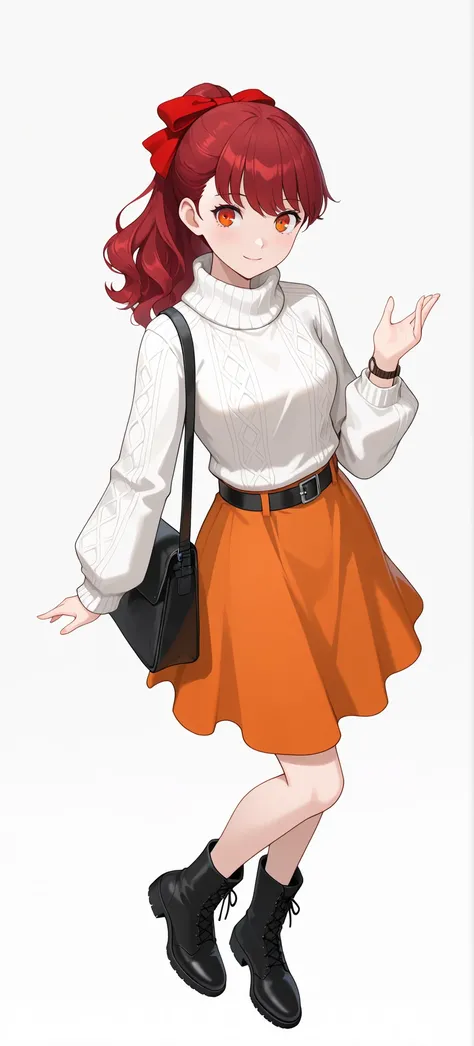 1 girl,Newest,masterpiece,Ultra High Definition,High Quality,detail gradation eyes:1.4,detail face:1.4,Full Body,Dynamic Poses:1.3,frontal view,Standing picture,((White background)),turtleneck white sweater,Put a bag on your shoulder,A black belt that does...
