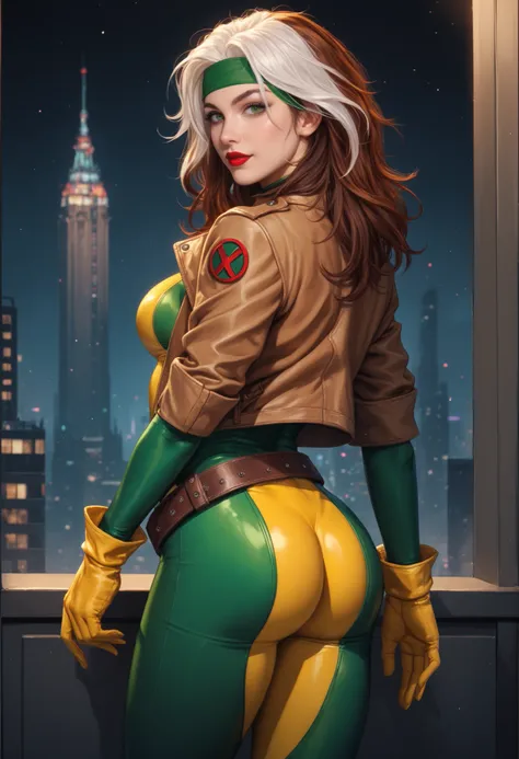 score_9, score_8_up, score_7_up, realistic, absurdres, newest, 1girl, looking at viewer, x-menrogue, green eyes, dyed bangs, multicolored hair, brown hair, white bangs, red lipstick, headband, multicolored bodysuit, green bodysuit, yellow bodysuit, brown j...