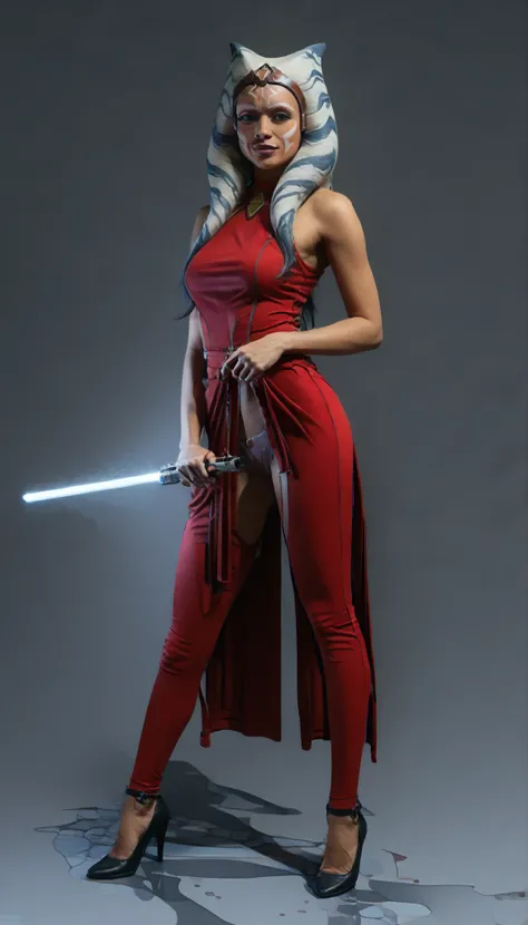 (((Create a unique and detailed anime style character design))). The character is a young Ahsoka Tano wearing a very translucent and sensual outfit, she has a standing pose and her two hands are holding a yedi lightsaber. She has a slim build, expressive e...
