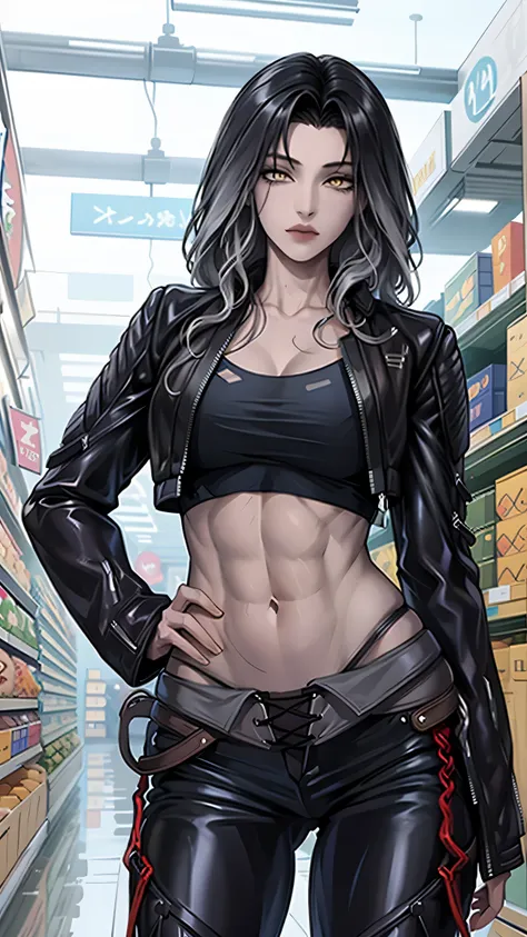 (masterpiece), best quality, HD, 4K, perfect face, black hair, smile at viewer, yellow eyes, hetero, torned dirt leather Jacket, hairband, black long hime hair, hime cut, arrogant stare, collarbone, prostitution, muscular slim, ABS collarbone, dirty booty,...