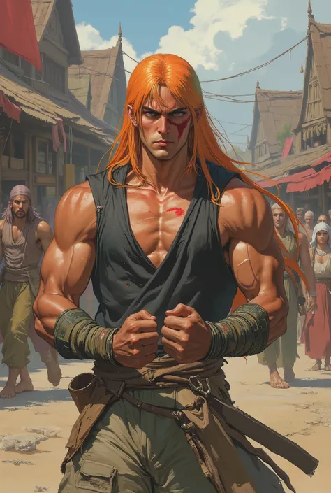 A young man, long orange-green hair, with the lengthy hair bangs covering most of his face, revealing a fierce gaze, a red stripe on the side of his face, a loose and simple sleeveless dark vest, exposing his sturdy muscles, wearing fabric wrist guards, co...