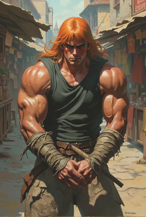 A masterpiece digital painting of a young man, a fantasy street thug, poised in a combat-ready stance within a bustling medieval market. He has long, flowing orange-green hair with bangs that obscure most of his face, leaving only a fierce, determined gaze...