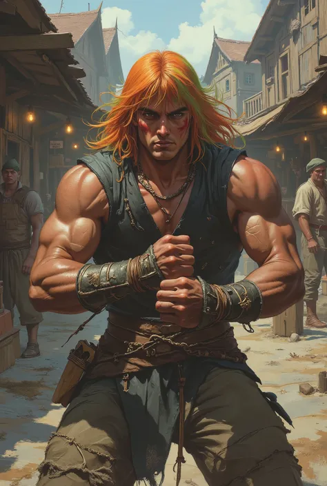 An epic cinematic photo, style of a gritty Art Nouveau and high-realism fusion. A powerful young male fantasy street rogue, athletic build, coiled with tension in a combat-ready stance. Set in a bustling, grimy medieval market square. His face is mostly ob...