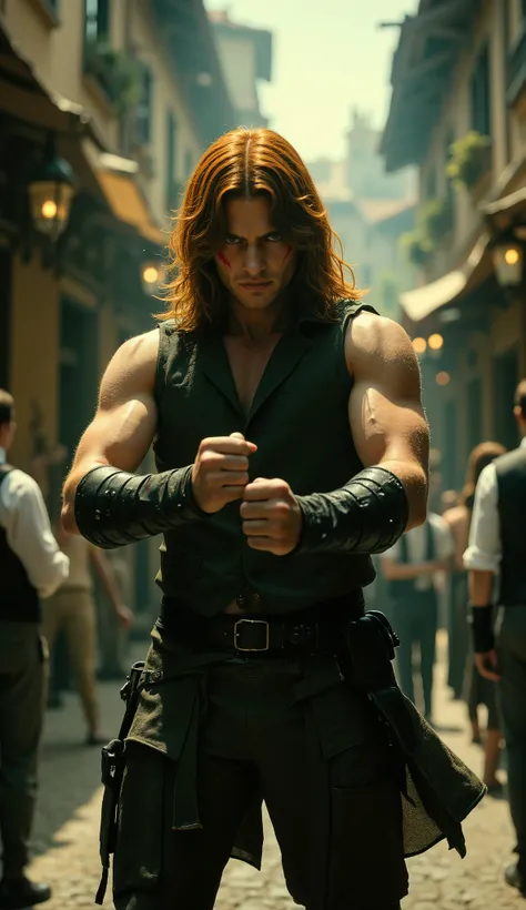 An epic cinematic photo, style of a gritty Art Nouveau and high-realism fusion. A powerful young male fantasy street rogue, athletic build, coiled with tension in a combat-ready stance. Set in a bustling, grimy medieval market square. His face is mostly ob...