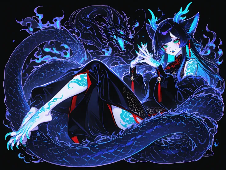 Girl is Azure dragon Lúng,she is hybrid of Eastern dragon. She has a sporty feminine bodybuilding. She has a pale skin covered with  navy blue and azure scales with Nazar pattern. She has red fire stripes tattoos on her face , and all over her body. Her li...