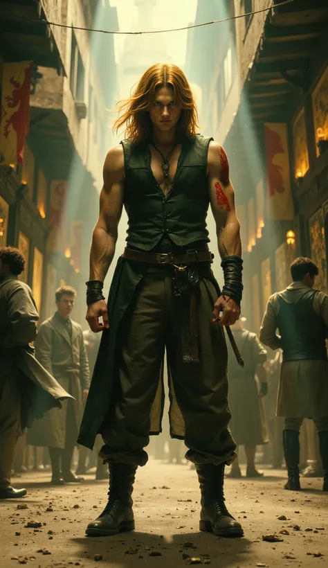 A masterpiece digital painting of a fierce young warrior in a bustling medieval fantasy marketplace. His face is framed by long, windswept orange-green hair, bangs dramatically obscuring his features, revealing only a pair of piercing, incandescent eyes th...