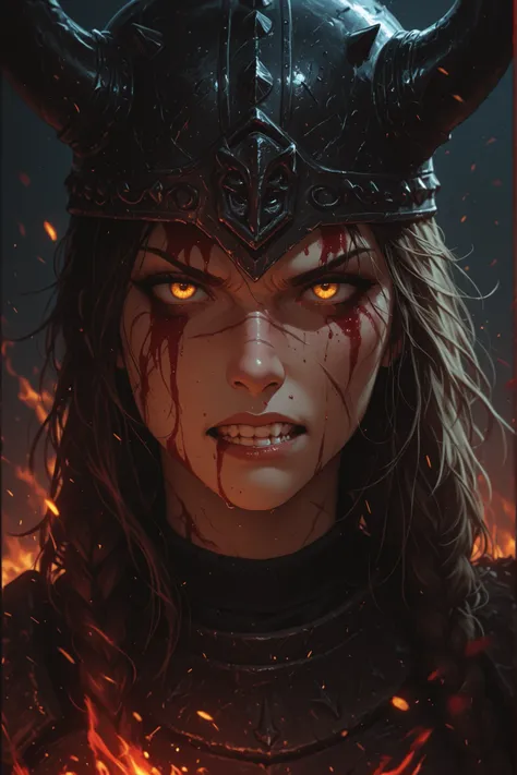 the face of a Viking woman, she is beautiful but has scars and blood on her face, her gaze is furious, she frowns and grits her teeth in fury, she wears a horned helmet, the lighting is divided, giving it a chiaroscuro shadow making half of her face in sha...