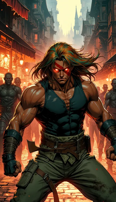 Masterpiece, 8K resolution, ultra-detailed digital painting. A formidable young warrior stands in a dynamic, combat-ready pose in the chaotic center of a medieval fantasy market square. His face is framed by long, flowing, iridescent orange-green hair, wit...