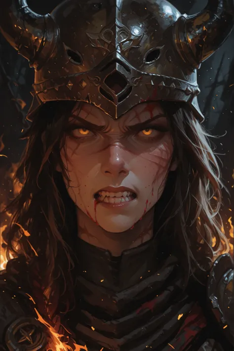 the face of a Viking woman, she is beautiful but has scars and blood on her face, her gaze is furious, she frowns and grits her teeth in fury, she wears a horned helmet, the lighting is divided, giving it a chiaroscuro shadow making half of her face in sha...