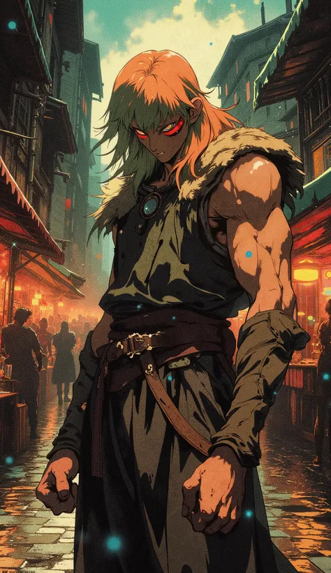 Masterpiece, 8K resolution, ultra-detailed digital painting. A formidable young warrior stands in a dynamic, combat-ready pose in the chaotic center of a medieval fantasy market square. His face is framed by long, flowing, iridescent orange-green hair, wit...