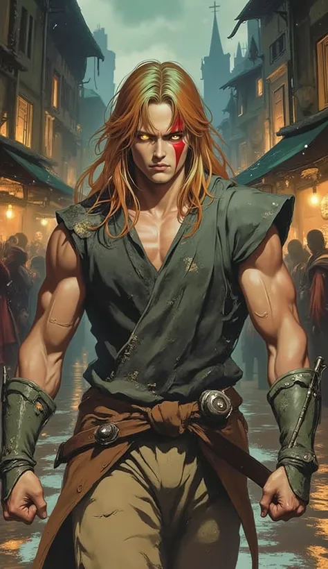 Masterpiece, 8K resolution, ultra-detailed digital painting. A formidable young warrior stands in a dynamic, combat-ready pose in the chaotic center of a medieval fantasy market square. His face is framed by long, flowing, iridescent orange-green hair, wit...