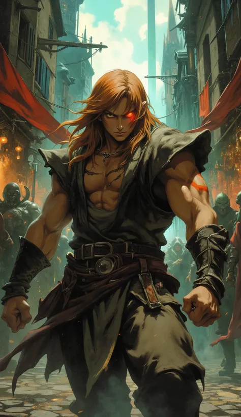 Masterpiece, 8K resolution, ultra-detailed digital painting. A formidable young warrior stands in a dynamic, combat-ready pose in the chaotic center of a medieval fantasy market square. His face is framed by long, flowing, iridescent orange-green hair, wit...