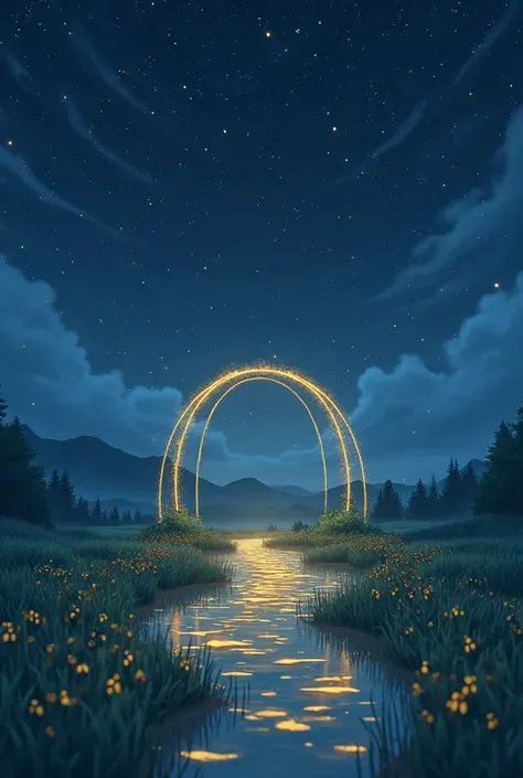 Ghibli lens， and the sound wave pattern between leaves of grass is depicted as golden ripples，"Ha"can be thought of as a floating light symbol，The background blurred into a velvet blue fog，16:9 widescreen accommodating the Galaxy Arch Bridge。Night，starrysk...
