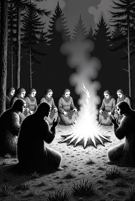 Depressive Black,black and white etching、people wearing masks made of wood、people wearing fur々but、night、is sitting around a huge campfire flames clapping and spreading their hands、on the background is natural、Ma fur tent