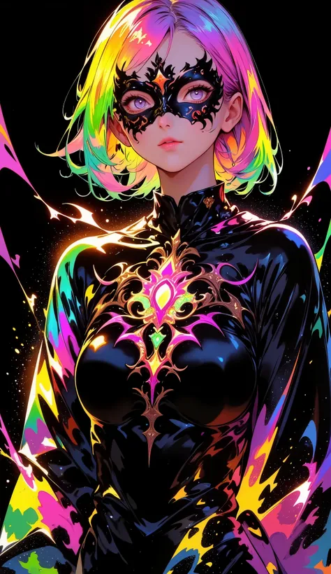 score_9, score_8_up, score_7_up, masterpiece, source_anime,1girl ,Limited Palette , black background, colorful ,Glowing Contours,neon, black light,detail eyes,iris,dynamic motion, woman wearing big papillon masks,woman dancing a waltz,detailed fullbody,e...