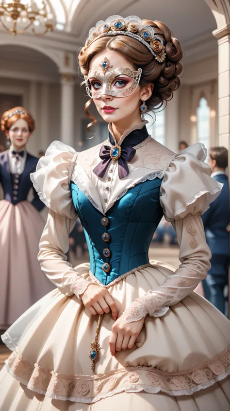 masterpiece, detailed,high resolution,Best Quality,depth of field,ballroom,mask,aristocratic woman,victorian dress
