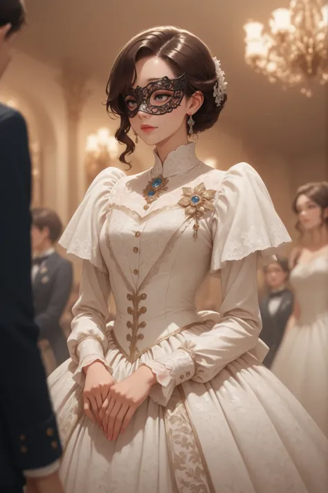 masterpiece, detailed,high resolution,Best Quality,depth of field,ballroom,handle mask,aristocratic woman,victorian dress