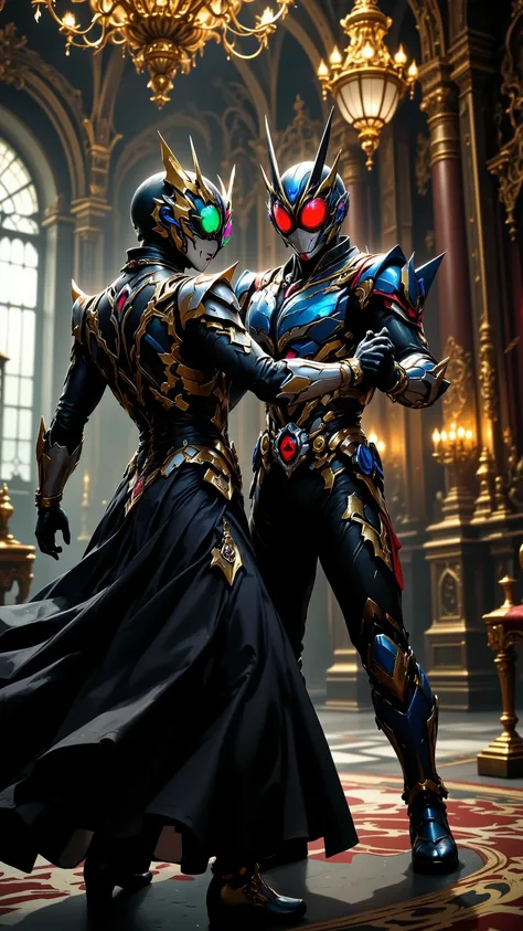 mask rider,Kamen Rider,the Two Kamen rider dancing a waltz ,Masquerade Ball, royal palacea masked rider in ornate costume,Kamen Rider,masquerade ball,royal palace interior,highly detailed,masterpiece,photorealistic,intricate details,dramatic lighting,medie...