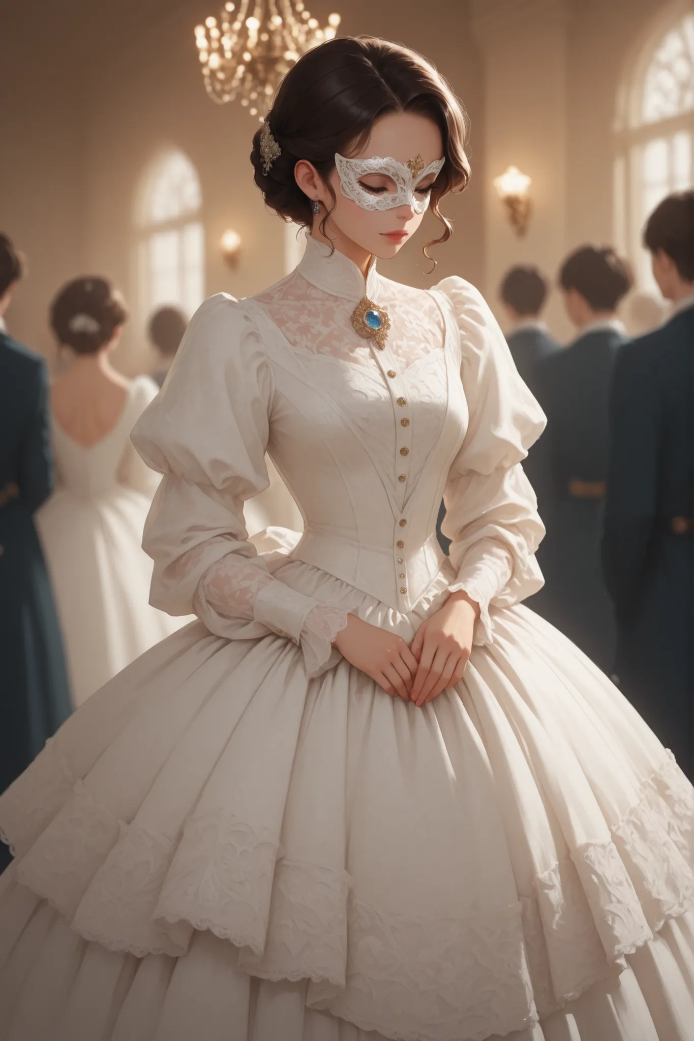 masterpiece, detailed,high resolution,Best Quality,depth of field,ballroom,mask,aristocratic woman,victorian dress