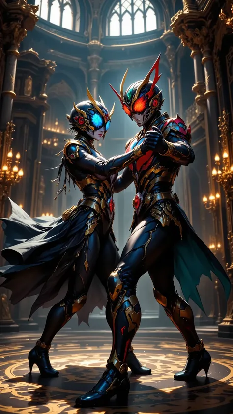 mask rider,Kamen Rider,the Two Kamen rider dancing a waltz ,Masquerade Ball, royal palacea masked rider in ornate costume,Kamen Rider,masquerade ball,royal palace interior,highly detailed,masterpiece,photorealistic,intricate details,dramatic lighting,medie...