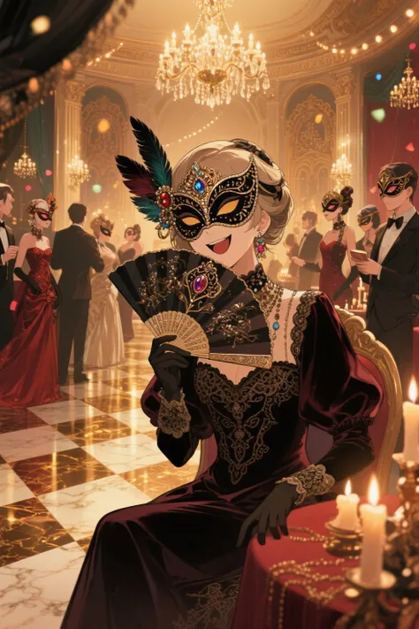 A anime style,luxurious party scene inside a elegant masquerade ballroom. All guests are wearing velvet and silk textures,elegant baroque fashion, intricate lace and embroidery and evil smile face.The overall mood is playful and mysterious. ornate masks,  adding a surreal and whimsical atmosphere. Each person is also wearing an ornate masquerade mask that hides their eyes—some feature feathers, jewels, or intricate metalwork. The lighting is warm and festive, with chandeliers casting golden reflections across polished floors.folding 
 frilled fan is coverd mouth,candlelit ballroom, soft glowing lights, polished marble floor, rich color palette, cinematic composition, Rococo-inspired, oil painting style, subtle grain, chiaroscuro lighting, mysterious and romantic mood, fantasy realism
