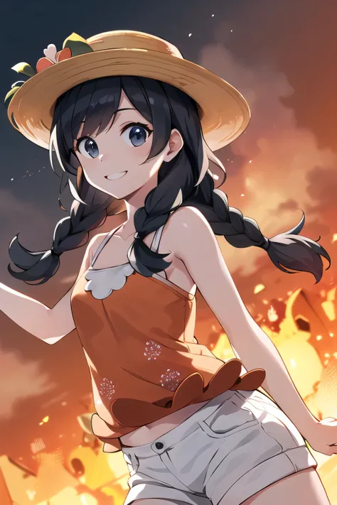 ((Best quality)), ((Super detailed)), ((Anime images, Art CG)), ((Highly detailed CG Unity 8K wallpaper)), ((Correct Anatomy)), (White Background), selene2, selene \(pokemon\ ), 1 girl, twin braids, black hair, black eyes, draw at a young age, baby face, s...